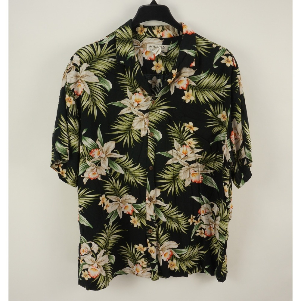 Vintage Milson By Ky's Hawaii USA Men's 2XL Black Hibiscus Floral Hawaiian Shirt